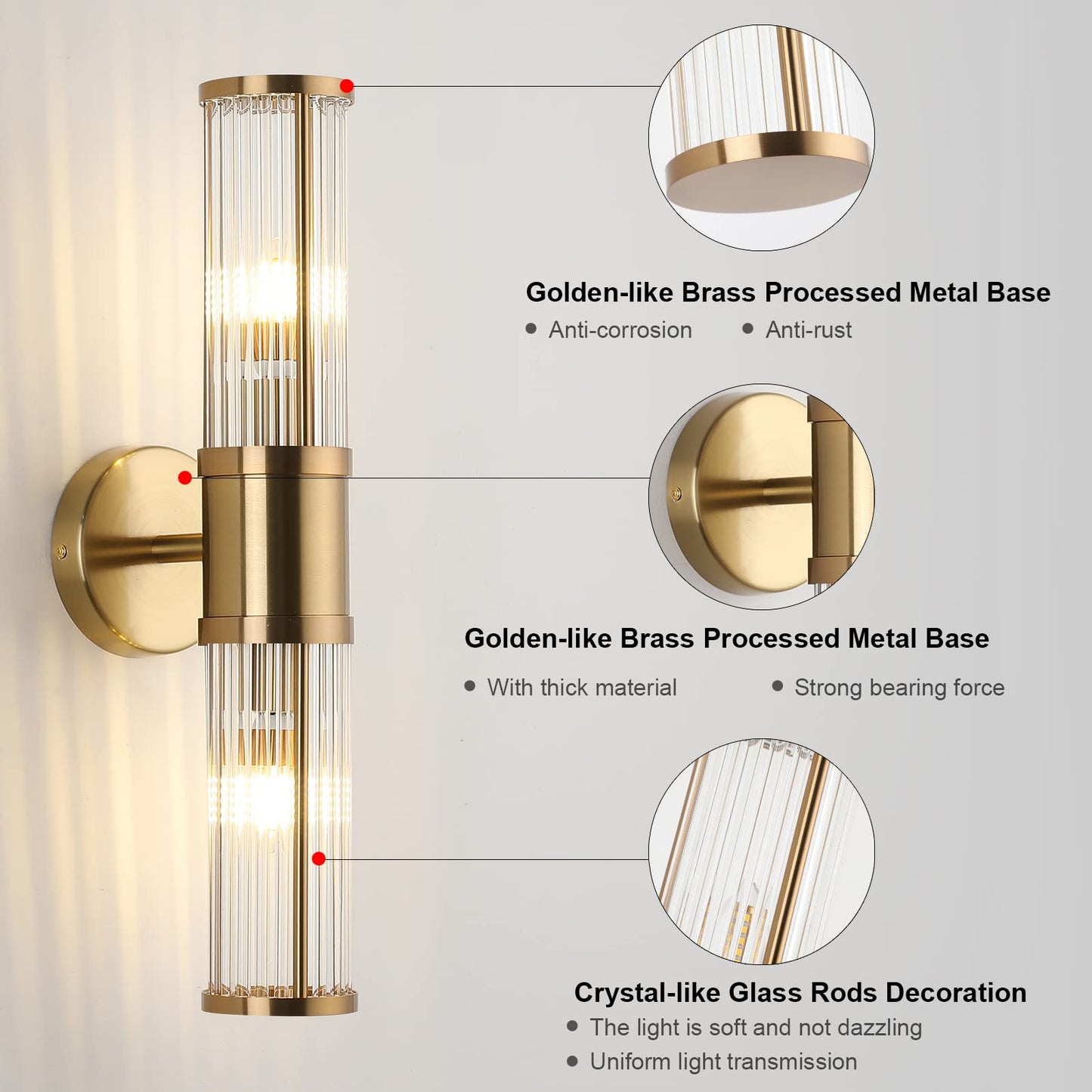 ECOBRT Glass Rods Wall Light Fixture Indoor Brass Bathroom Vanity Lights Beside Mirror Lighting Lamps Up and Down Wall Mounted Light E12 Socket