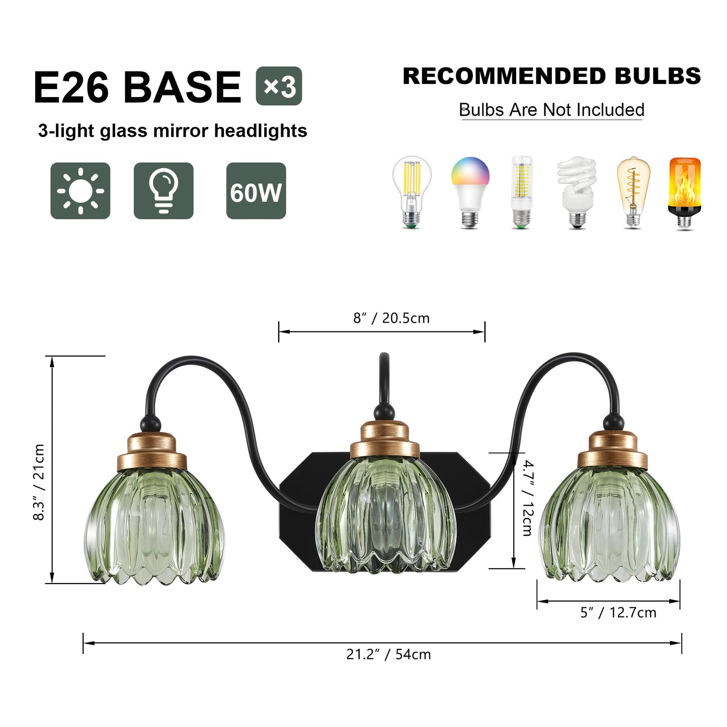 Vintage Bathroom Vanity Light, Bathroom Lighting Fixtures Over Mirror, Mid Century Style Farmhouse Light Fixtures with Green Glass Shades, Black Finish Wall Mount for Bedroom (Green, 3-Light)