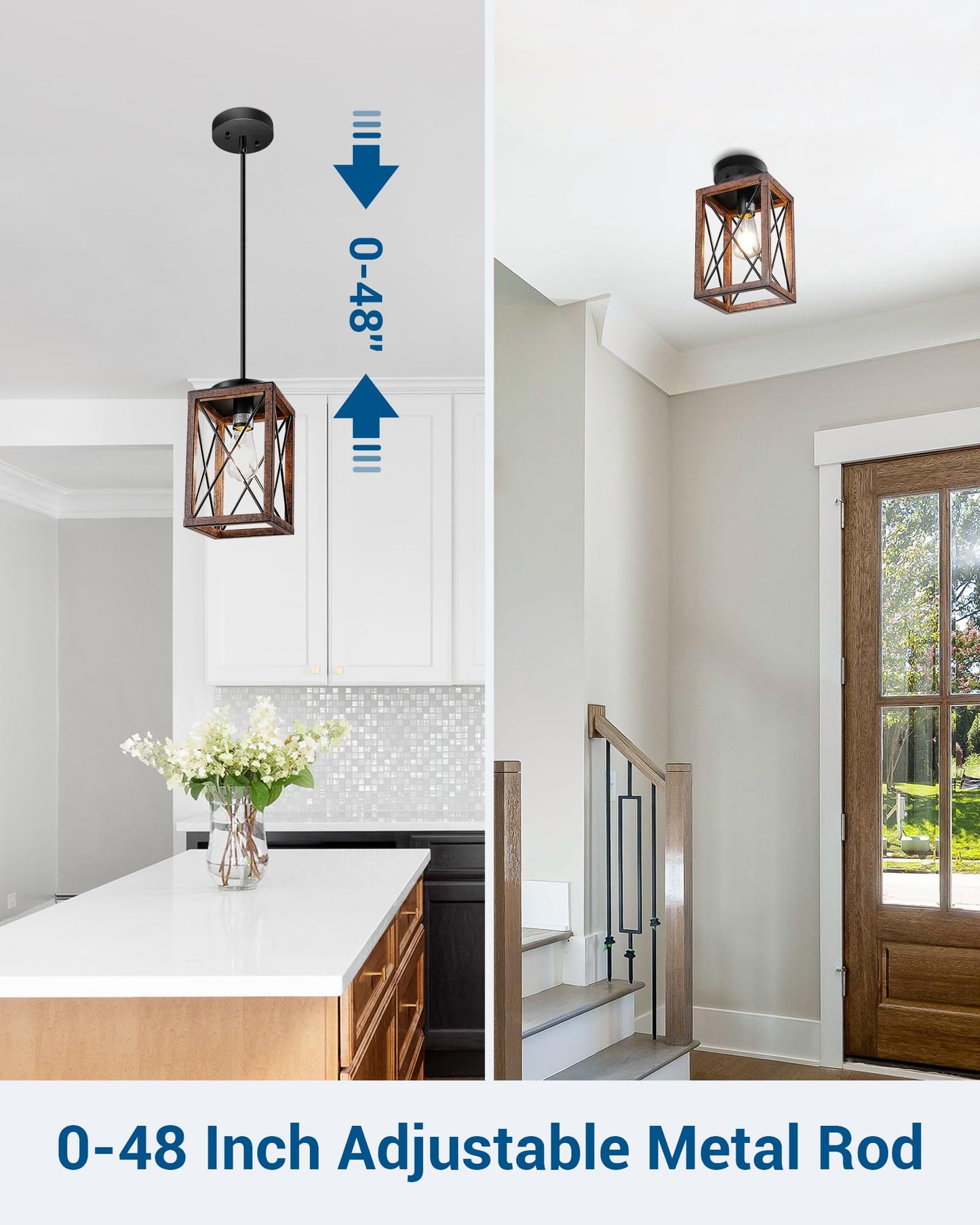 DEWENWILS 2 Pack Farmhouse Pendant Light, Metal Hanging Light Fixture with Wooden Grain Finish, 48 Inch Adjustable Pipes for Flat and Slop Ceiling, Kitchen Island, Bedroom, Dining Hall, ETL Listed