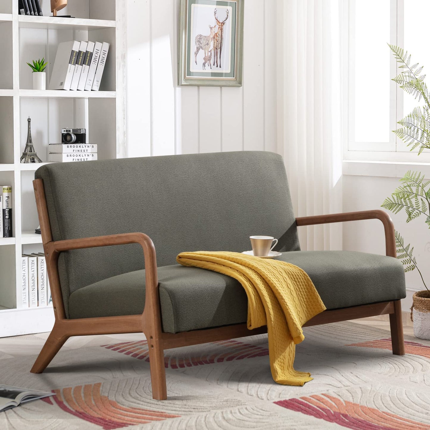 INZOY 50" Love seat Sofa 2 Seat Mid Century Modern Accent Chair, Uplostered 2 Person Couch Loveseat for Small Place Bedroom Office, Wood Frame and Attached 2 Waist Cushions, Green