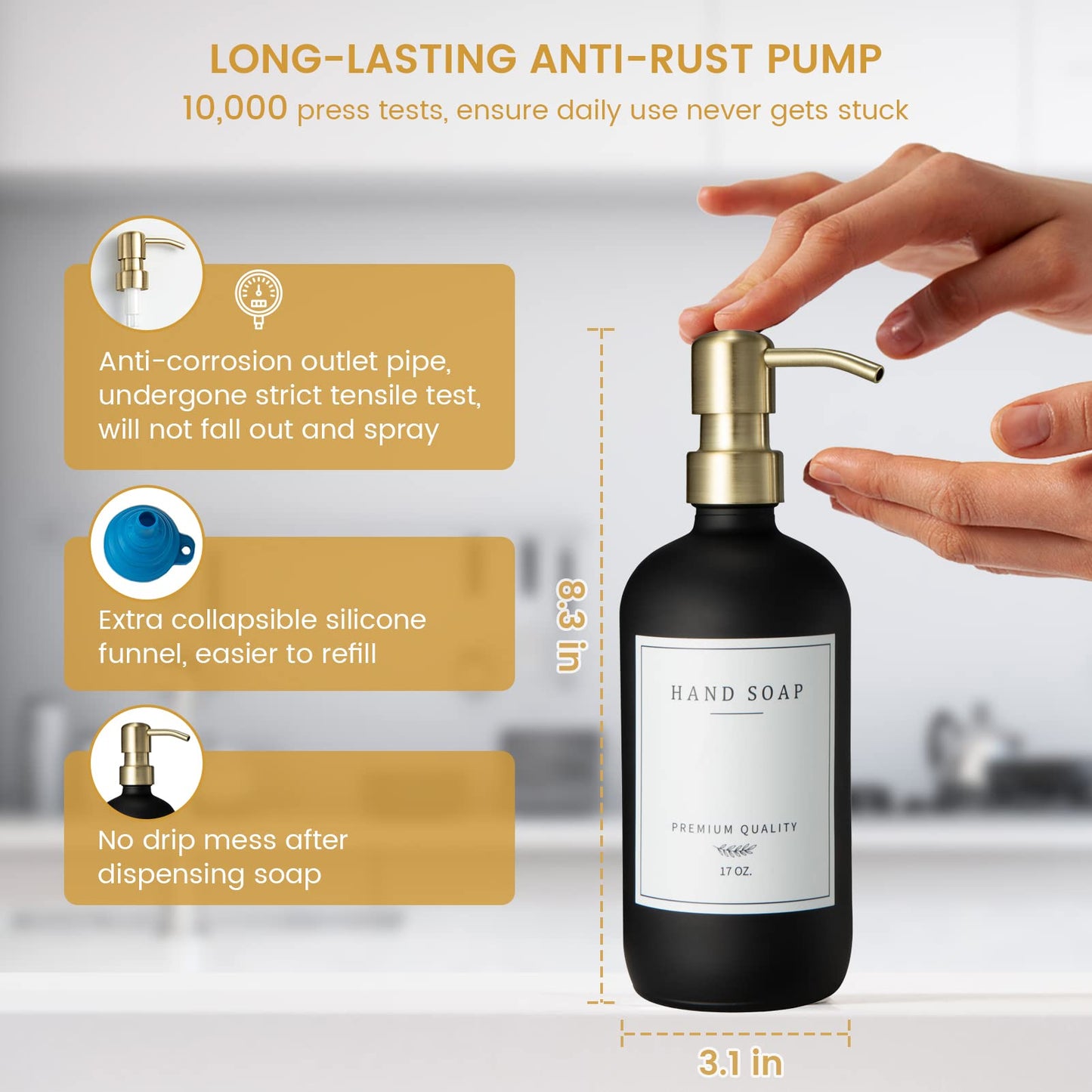 Glass Soap Dispenser for Kitchen Sink,Farmhouse Kitchen Dish Soap Dispenser&Hand Soap Dispenser Set,Rustproof Pump Soap Dispenser Bathroom with Tray,Waterproof Label for Kitchen Decor(Black