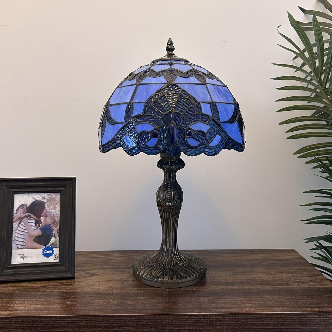 Tiffany Table Lamp Blue Stained Glass Baroque Style LED Bulb Included for Living Room Bedroom Bedside 12" W*12" D*19" H