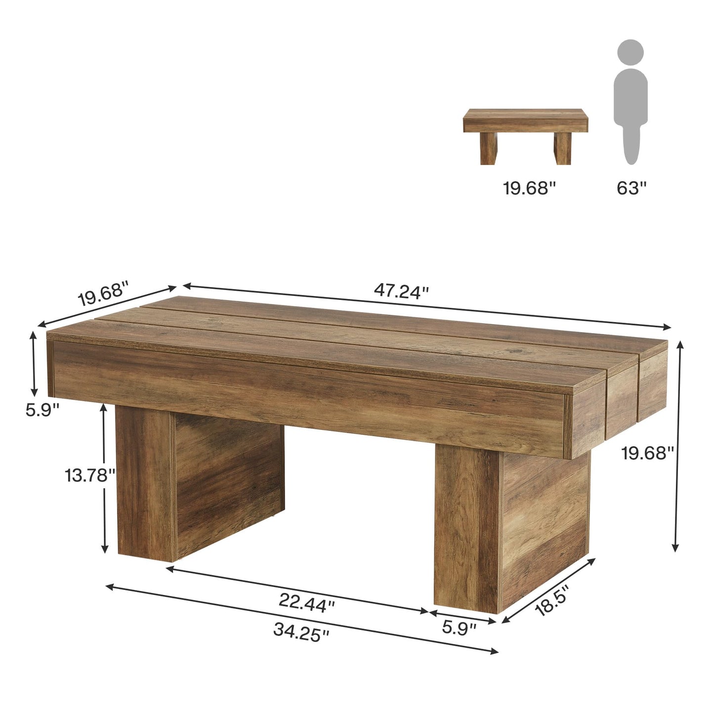 Tribesigns Rectangle Coffee Table, 47.24" Farmhouse Center Table with Slat Tabletop & Thick Base, Rustic Wooden Cocktail Tea Table for Living Room Apartment, Brown