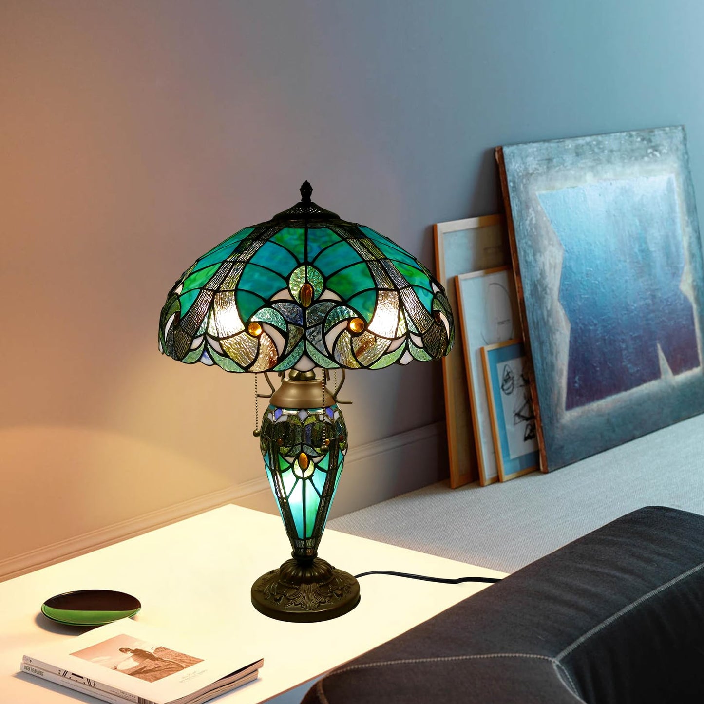 VirtueKing Tiffany Style Table Lamp 16 Inch Wide Green Tiffany Lamp Handmade Stained Glass Lamp 24" Tall Mother-Daughter Style Desk Reading Light Decor for Bedroom Living Room Home Office