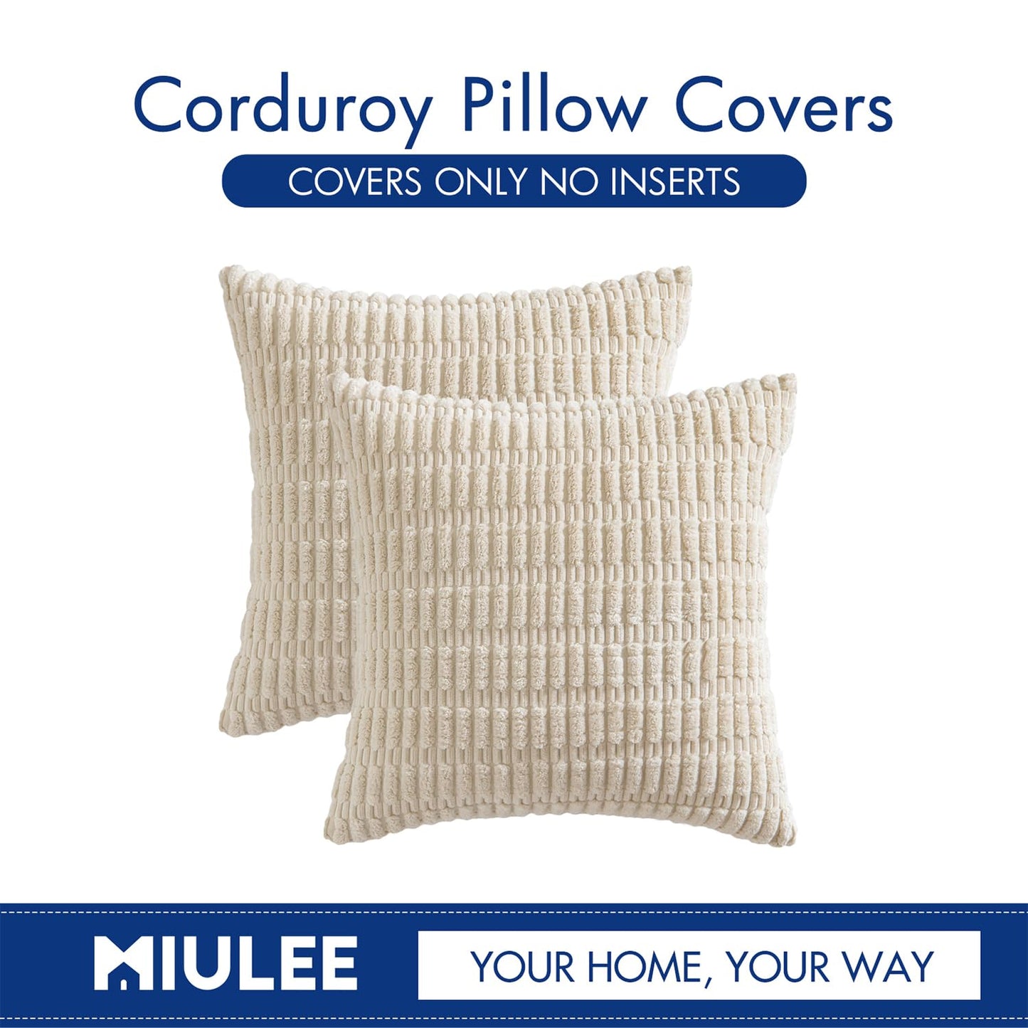 MIULEE Pack of 2 Corduroy Decorative Throw Pillow Covers 18x18 Inch Soft Boho Striped Pillow Covers Modern Farmhouse Home Decor for Sofa Living Room Couch Bed Cream White