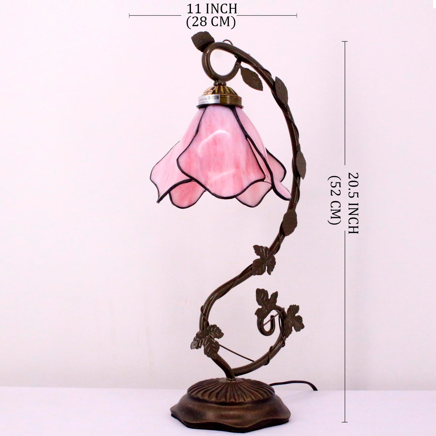 WERFACTORY Tiffany Lamp Pink Stained Glass Table Lamp, Metal Leaf Table Desk Reading Light 8X10X21 Inches Decor Small Space Bedroom Home Office S701 Series