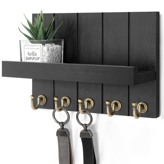 Rebee Vision Farmhouse Key Holder for Wall - Modern Key Racks for Wall Decor Living Room and Mail Organizer with Shelf for Apartment Essentials - Home Decor Aesthetic (Black, 3.54"D x 10"W x 7.28"H)