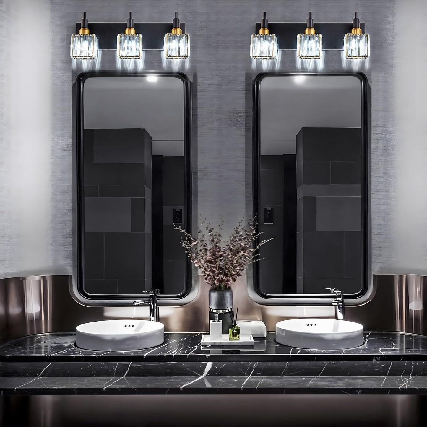 HUOKU Modern Crystal Bathroom Vanity Light 3-Light Brass Wall Light Fixtures Over Mirror Black and Gold Vanity Lighting for Bathroom Square Shade Brass Wall Sconce