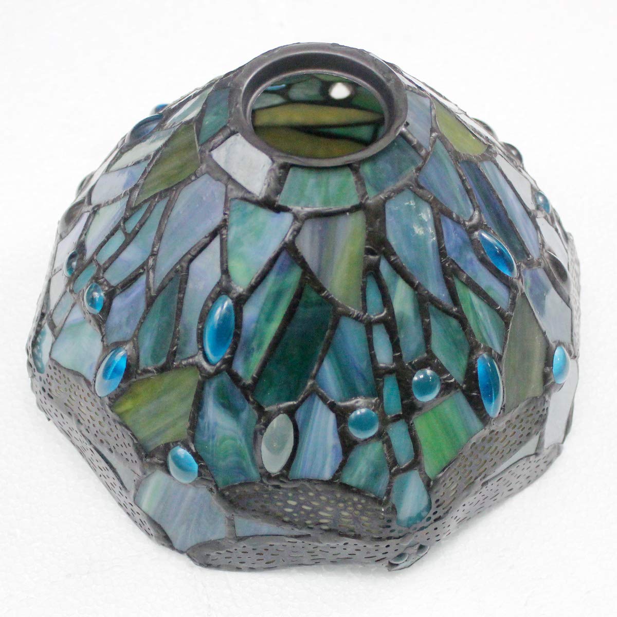 WERFACTORY Tiffany Lamp Sea Blue Stained Glass Dragonfly Style Desk Reading Light, Metal Leaf Table Lamp Base 8X10X21 Inches Decor Small Space Bedside Bedroom Home Office S147 Series