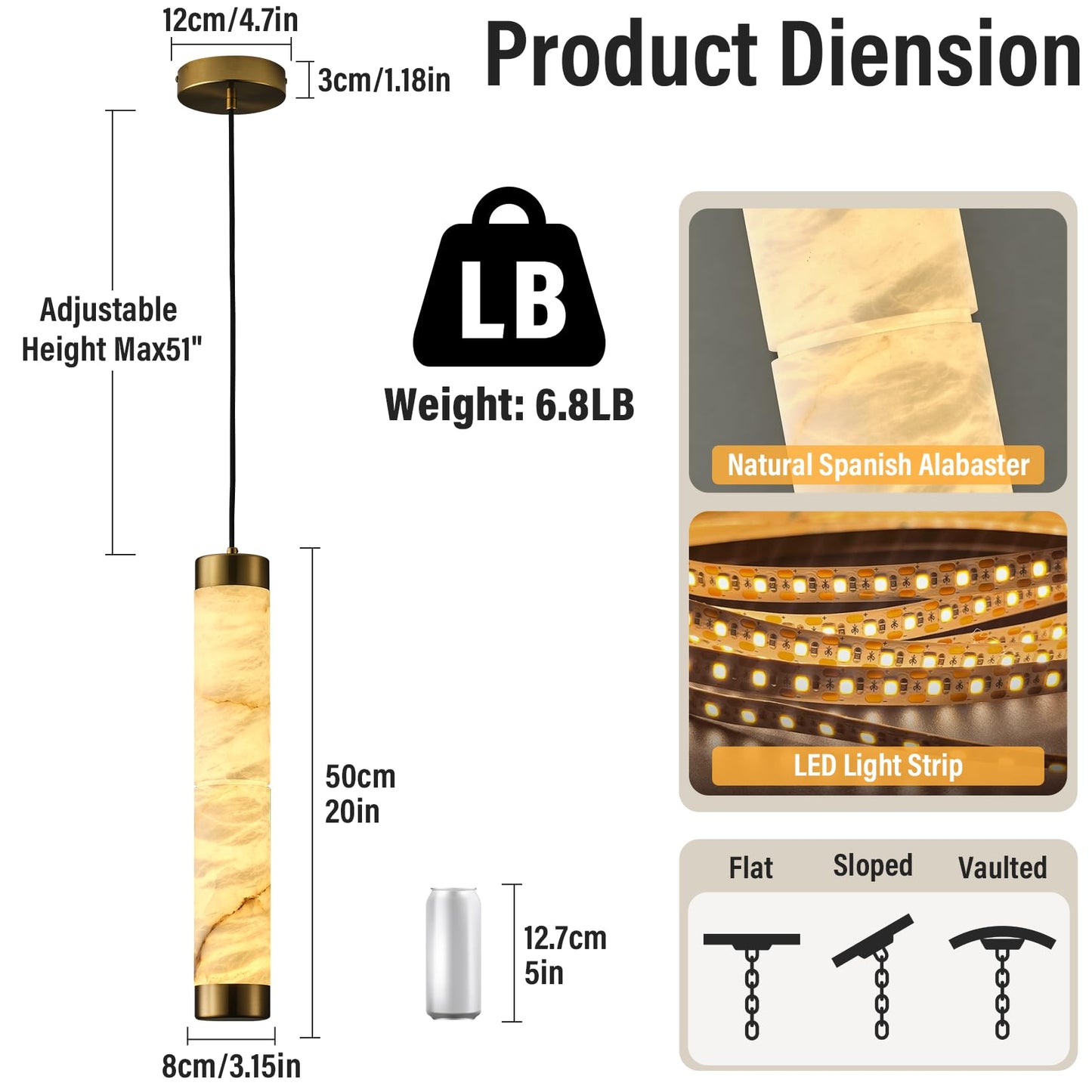 OSRoyce 20" Alabaster Pendant Lights, Natural Marble Cylinder Brass Pendant Light, Adjustable Modern Ceiling Light Fixtures for Kitchen Island, Dining Room, Bedroom, Living Room, Bathroom
