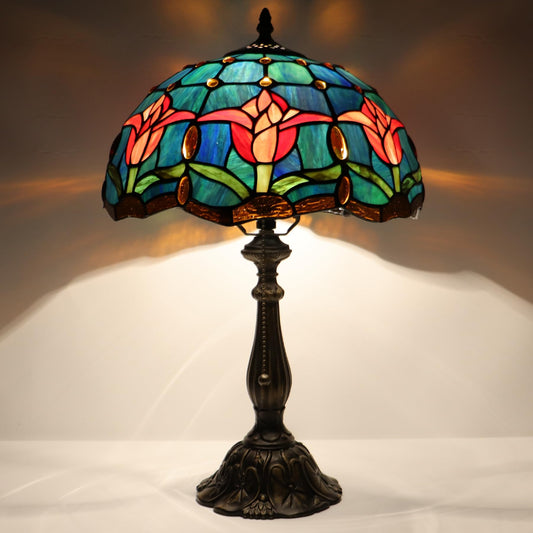 LXHCYOU Tiffany Lamp Stained Glass Table Lamp Bedside Reading Light W12H19 Inches (Tulip Style)