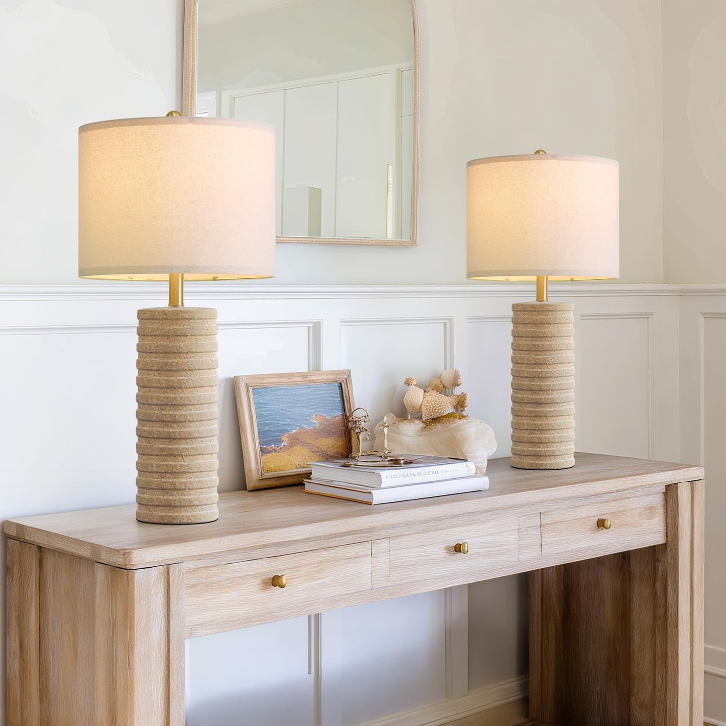 PoKat 27" Farmhouse Ceramic Table Lamps Set of 2 for Bedroom, Stone-Like Boho Nightstands Lamps for Night Stands, Distressed Beige Bedside Lamps with Natural Textured for Living Room, Sand-Colored