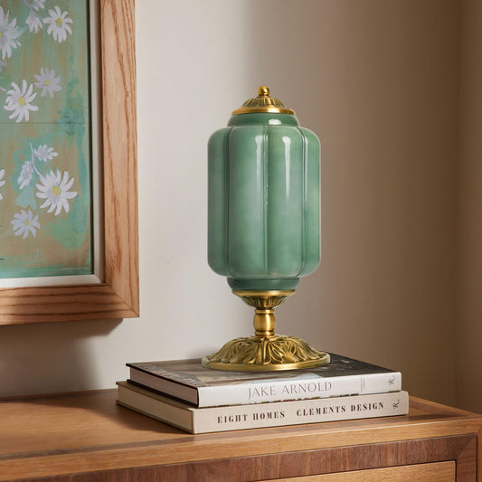 CKENSU Milk Glass Table Lamp - Modern Farmhouse Design with Antique Brass Finish Base, Green Desk Light for Living Room & Bedroom Decor (Green 15")