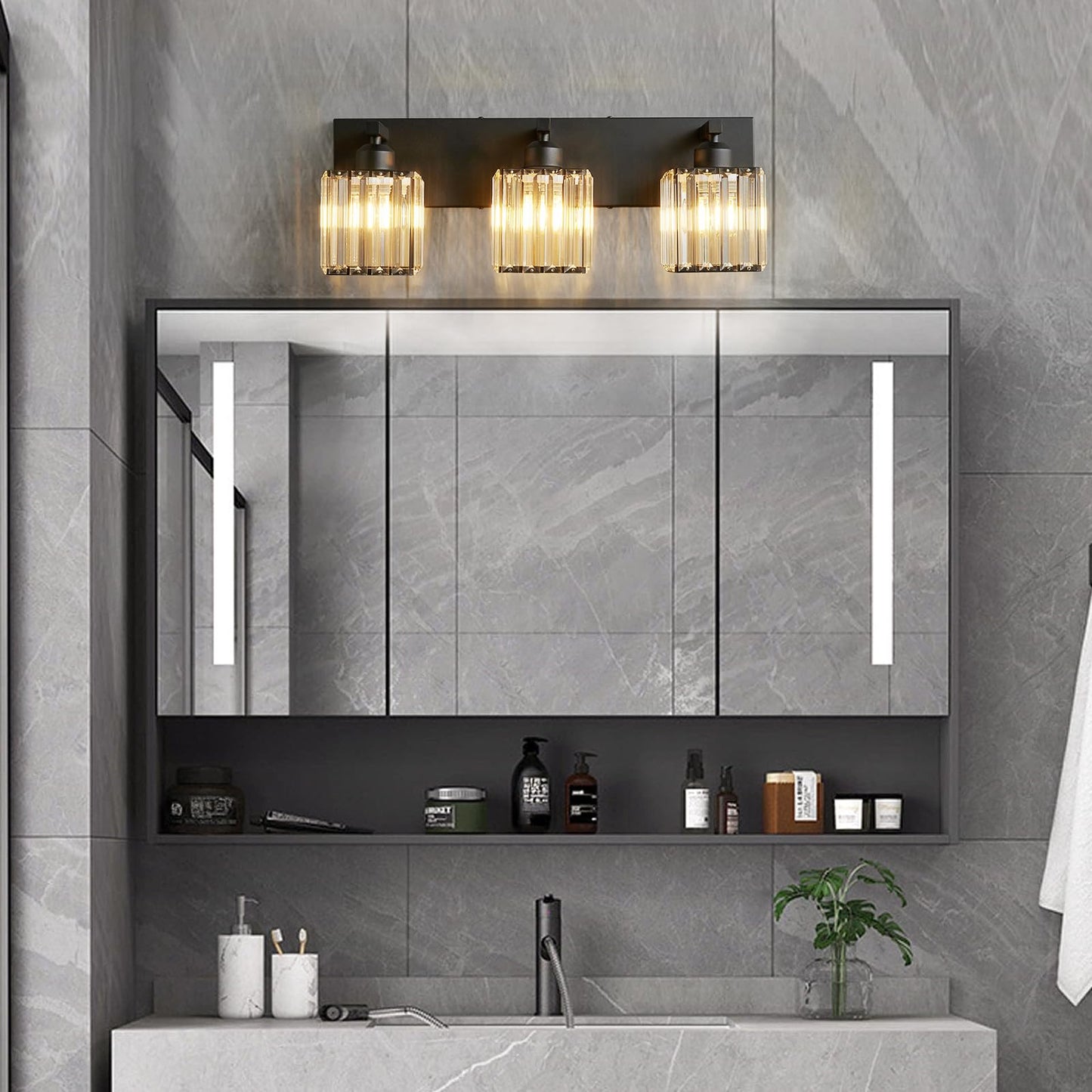 FDPBY Modern Bathroom Vanity Light 3-Lights Modern Black Crystal Wall Light Bathroom Vanity Light Fixtures