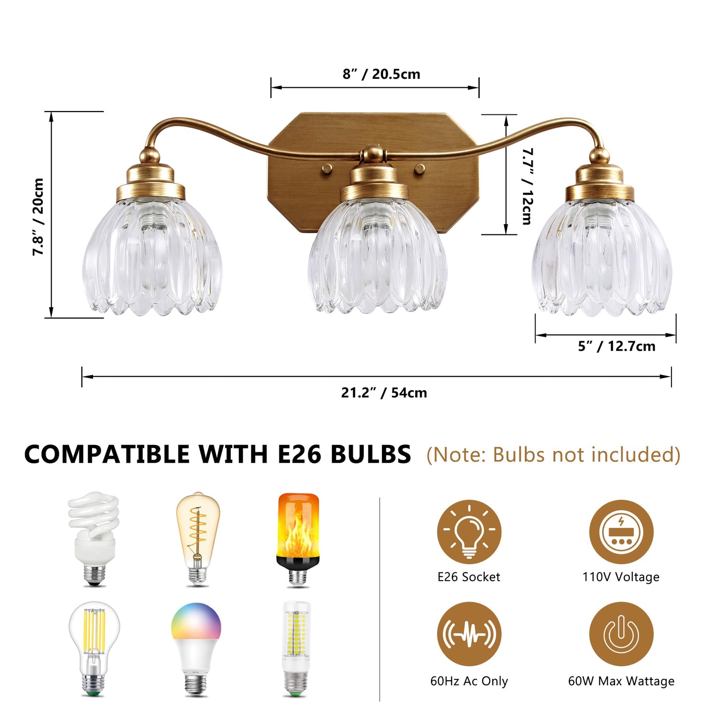 Vintage Bathroom Light Fixtures, Gold Bathroom Vanity Light, Matte Antique Brass Finish with Crystal Glass Shade, Wall Sconces Lighting for Bedroom, Living Room, Hallway (Gold, 3-Light)