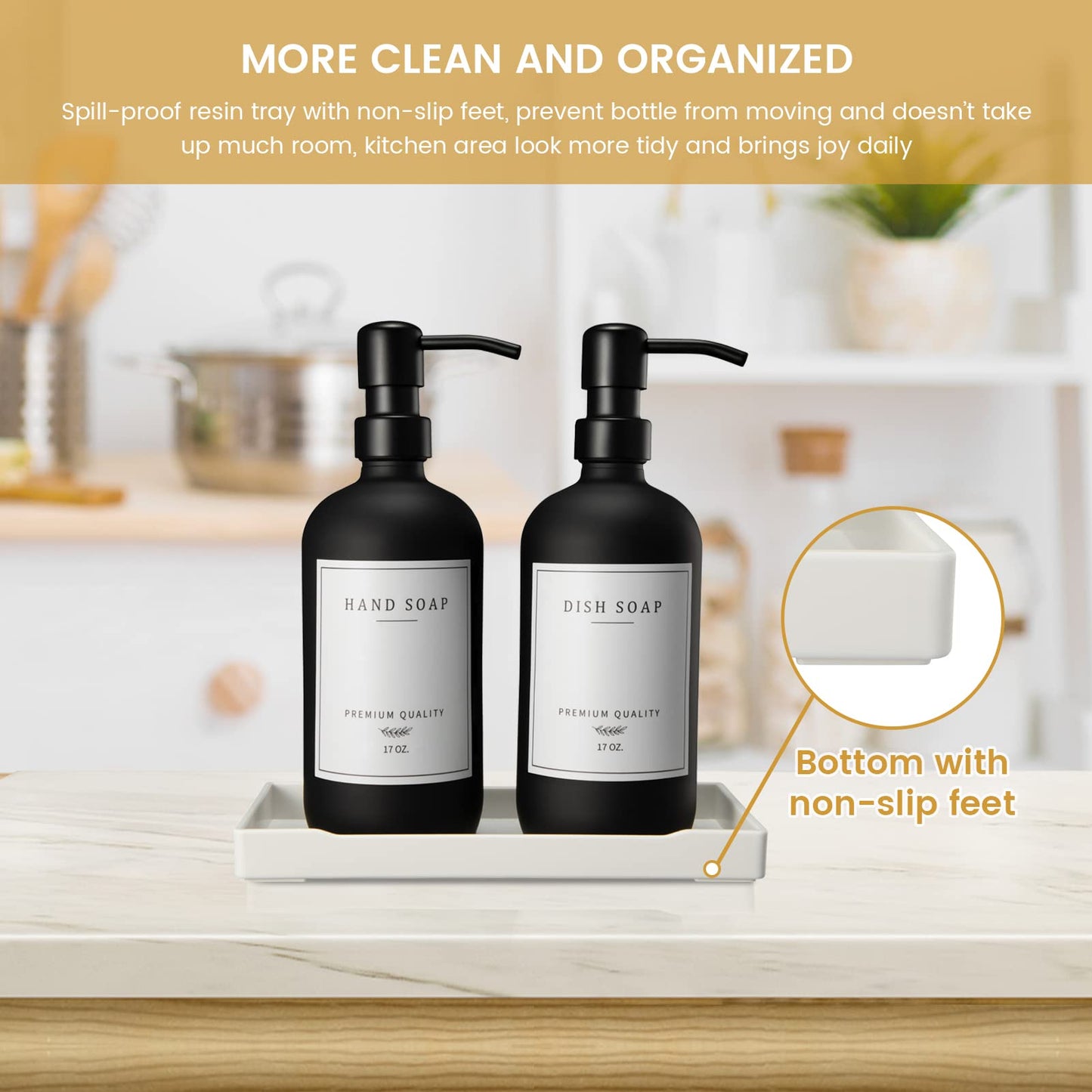 Glass Soap Dispenser for Kitchen Sink,Farmhouse Kitchen Dish Soap Dispenser&Hand Soap Dispenser Set,Rustproof Pump Soap Dispenser Bathroom with Tray,Waterproof Label for Kitchen Decor(Black