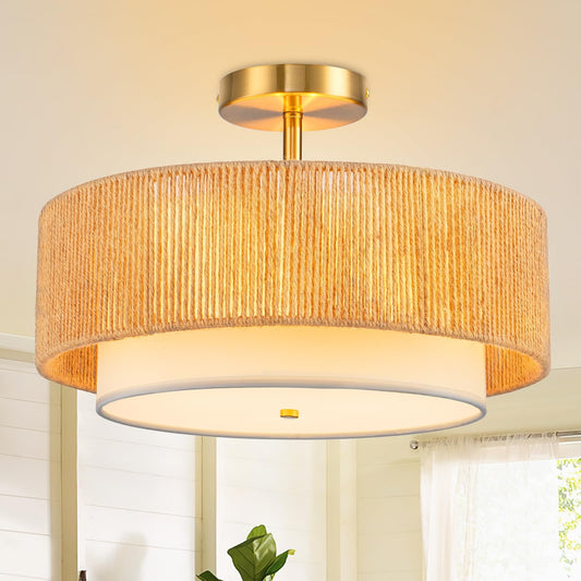 SineRise 16'' Rattan Flush Mount Ceiling Light Fixture,2-Tier Drum Hand-Woven Boho Flush Mount Ceiling Light,Farmhouse Light Fixture for Living Room,Kitchen,Bedroom Foyer Entryway ect.