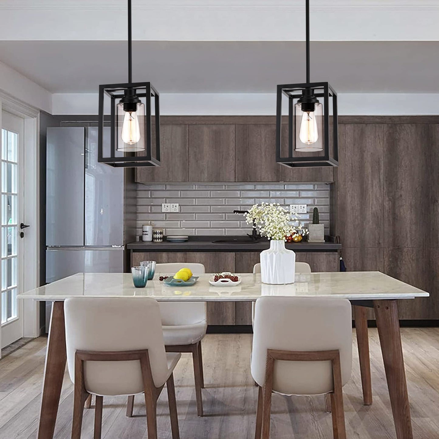 Kitchen Pendant Lighting Over Island, 1-Light Matte Black Farmhouse Pendant Light Fixtures, Rectangle Linear Metal Hanging Lighting Fixture with Clear Glass Shade for Dining Room Entryway Hallway