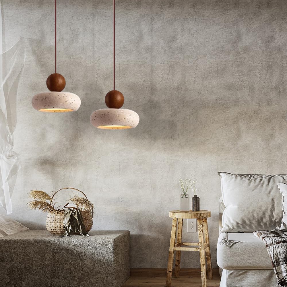 WOSBO Wabi Sabi Pendant Light, 5.9" Natural Yellow Travertine Pendant Light with Round Stone Shade and Wooden Globe, Retro Mini Pendant Lighting Perfect for Bedroom Bedside Light Living Room Kitchen