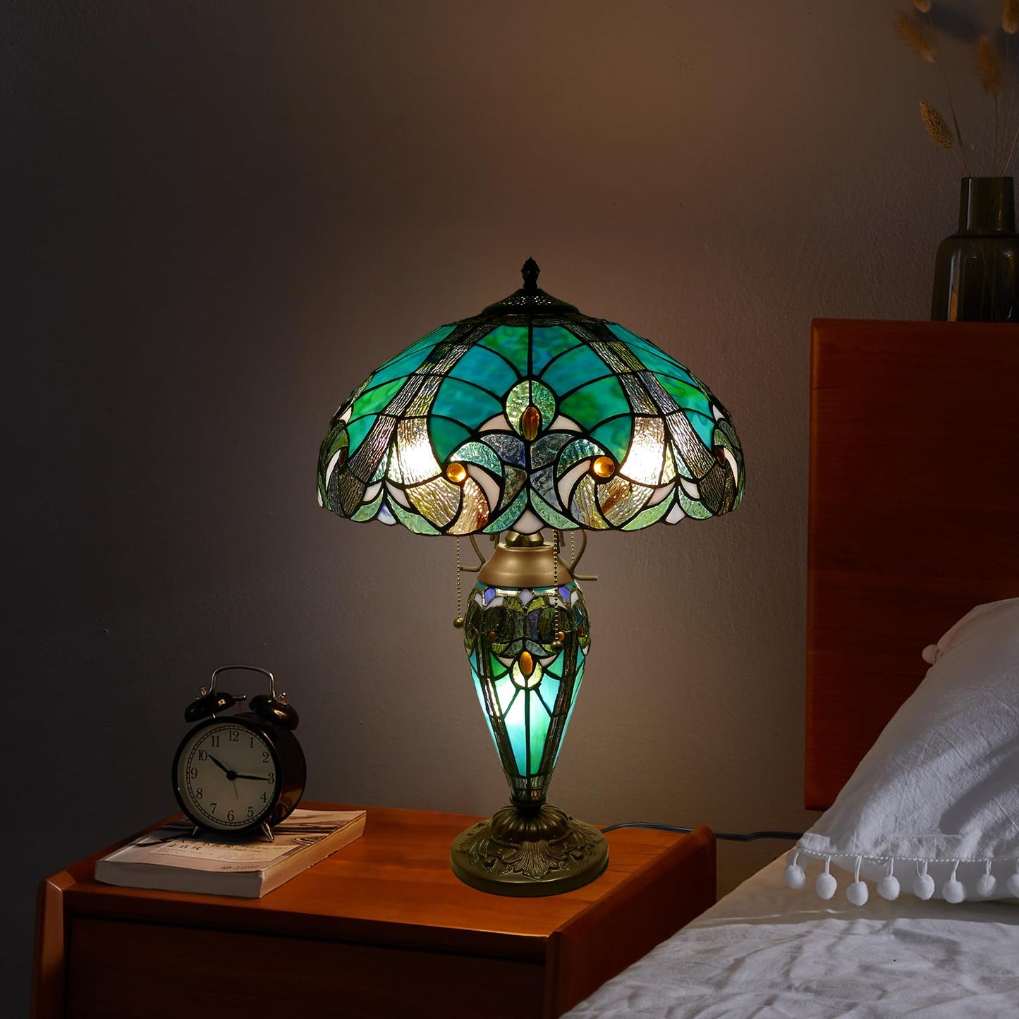 VirtueKing Tiffany Style Table Lamp 16 Inch Wide Green Tiffany Lamp Handmade Stained Glass Lamp 24" Tall Mother-Daughter Style Desk Reading Light Decor for Bedroom Living Room Home Office