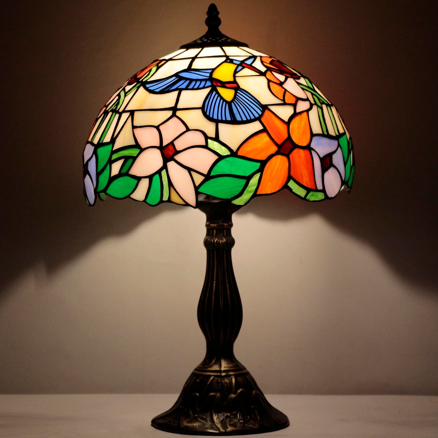 WERFACTORY Tiffany Lamp Stained Glass Lamp Hummingbird Style Bedside Table Lamp Desk Reading Light 12X12X18 Inches Decor Bedroom Living Room Home Office S101 Series