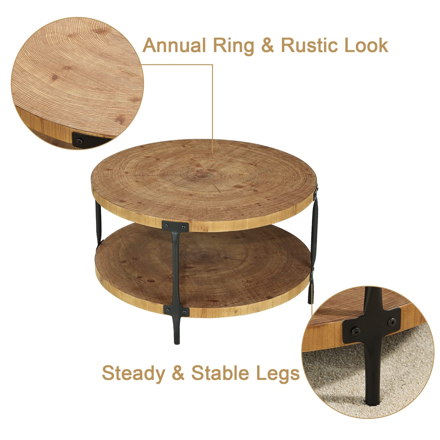 Awescuti Round Boho Wood Coffee Table - 29.1" Farmhouse Natural Circle Wooden 2-Tier Coffee Tables Living Room Furniture, Natural Wood Color, 29.1" D x 18.3" H