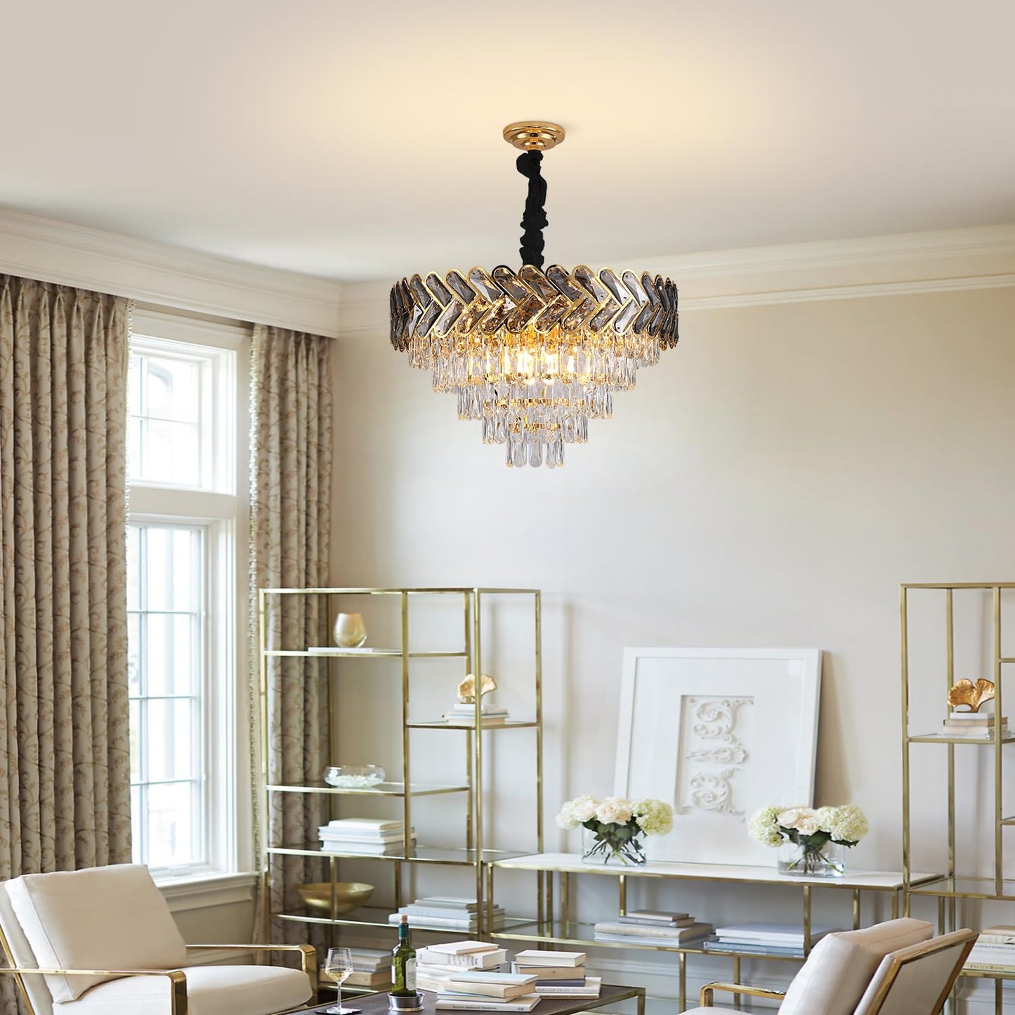 AVLRM 24" Gold Modern Crystal Chandelier Top K9 Round Crystals Chandeliers Adjustable Ceiling Light Fixture 5-Tier Crystal Pendant Lamp 9-Light for Dinning Room Living Room Foyer
