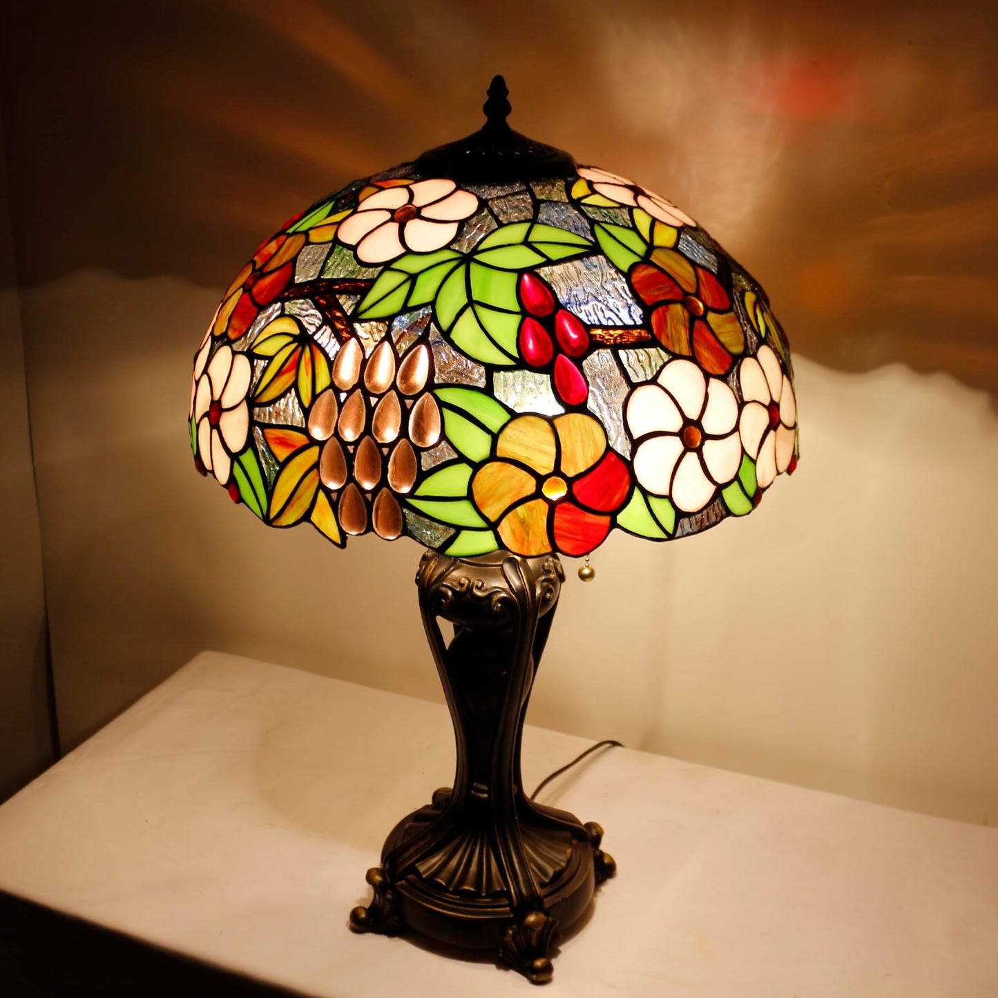 ANYONGLU Tiffany Lamp Stained Glass Table Lamp 16X16X24 inch Purple Orange Rose Flower Style Desk Reading Light Resin Base Decor Bedroom Living Room Home Office (Green Purple Grape)
