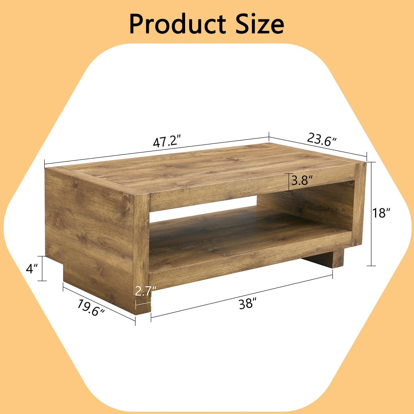 Rectangular Coffee Table with Storage for Living Room,47.2" Rustic Natural Wood Coffee Table with Storage,2-Tier Modern Farmhouse Center Tables, Modern Wood Center Table,Farmhouse Tea Table