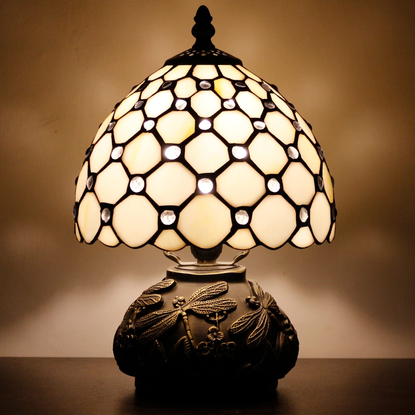 Small Tiffany Lamp Mini Stained Glass Table Lamp Cream Pearl Beads Style Mushroom Desk Light Memory Sympathy Lamp 8X11 Inch