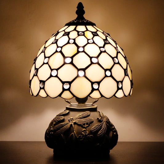 Small Tiffany Lamp Mini Stained Glass Table Lamp Cream Pearl Beads Style Mushroom Desk Light Memory Sympathy Lamp 8X11 Inch