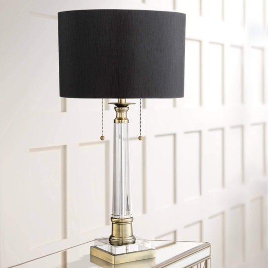 Vienna Full Spectrum Stephan Traditional Luxury Table Lamp 30" Tall Crystal Column Antique Brass Gold Black Drum Shade Decor for Living Room Bedroom House Bedside Nightstand Home Office Entryway