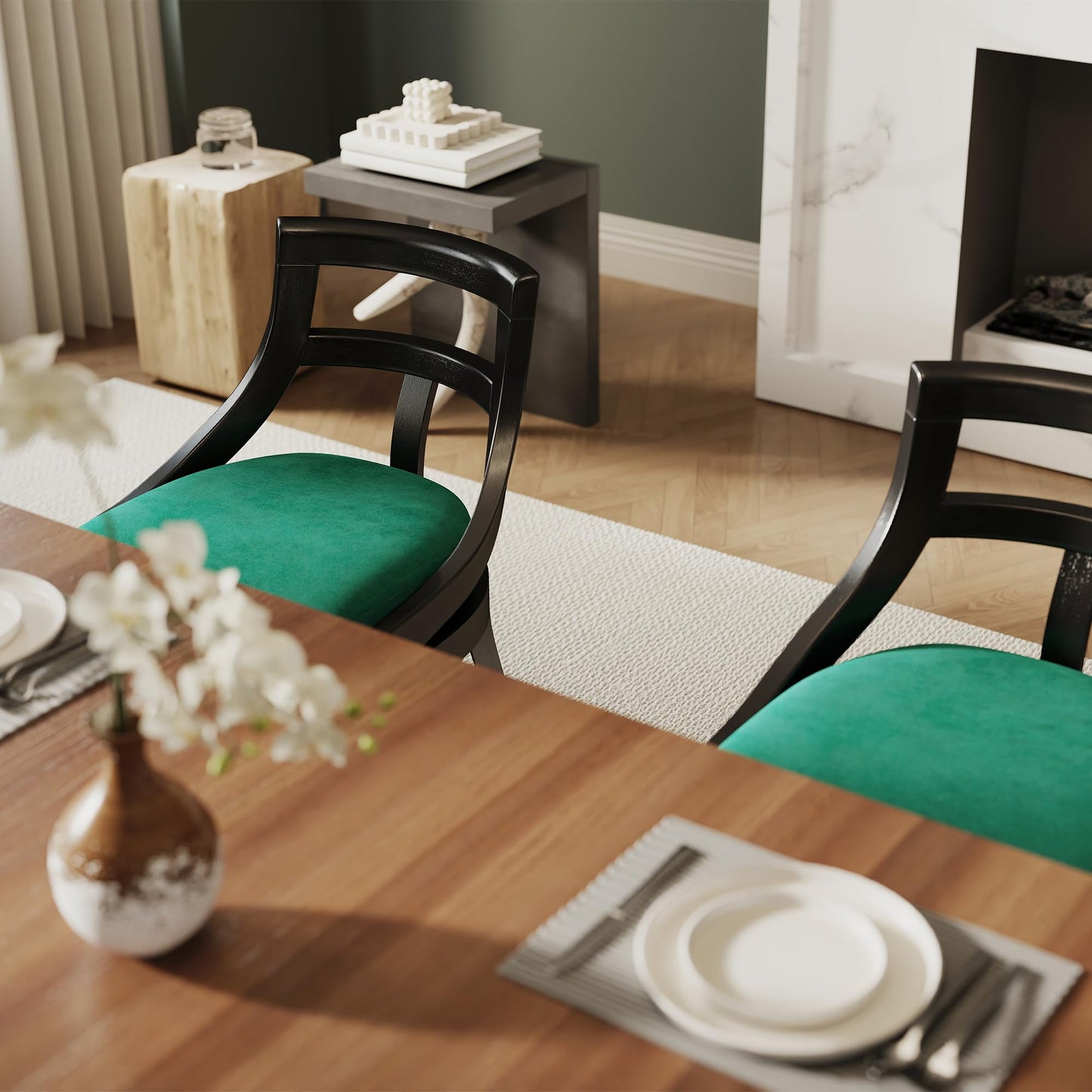 LZAREAL Modern Farmhouse Dining Chairs Set of 4 Mid Century Upholstered Dining Chair with Wooden Curved Back Kitchen Chairs for Dining Room Restaurant Cafe, Black-Velvet Green