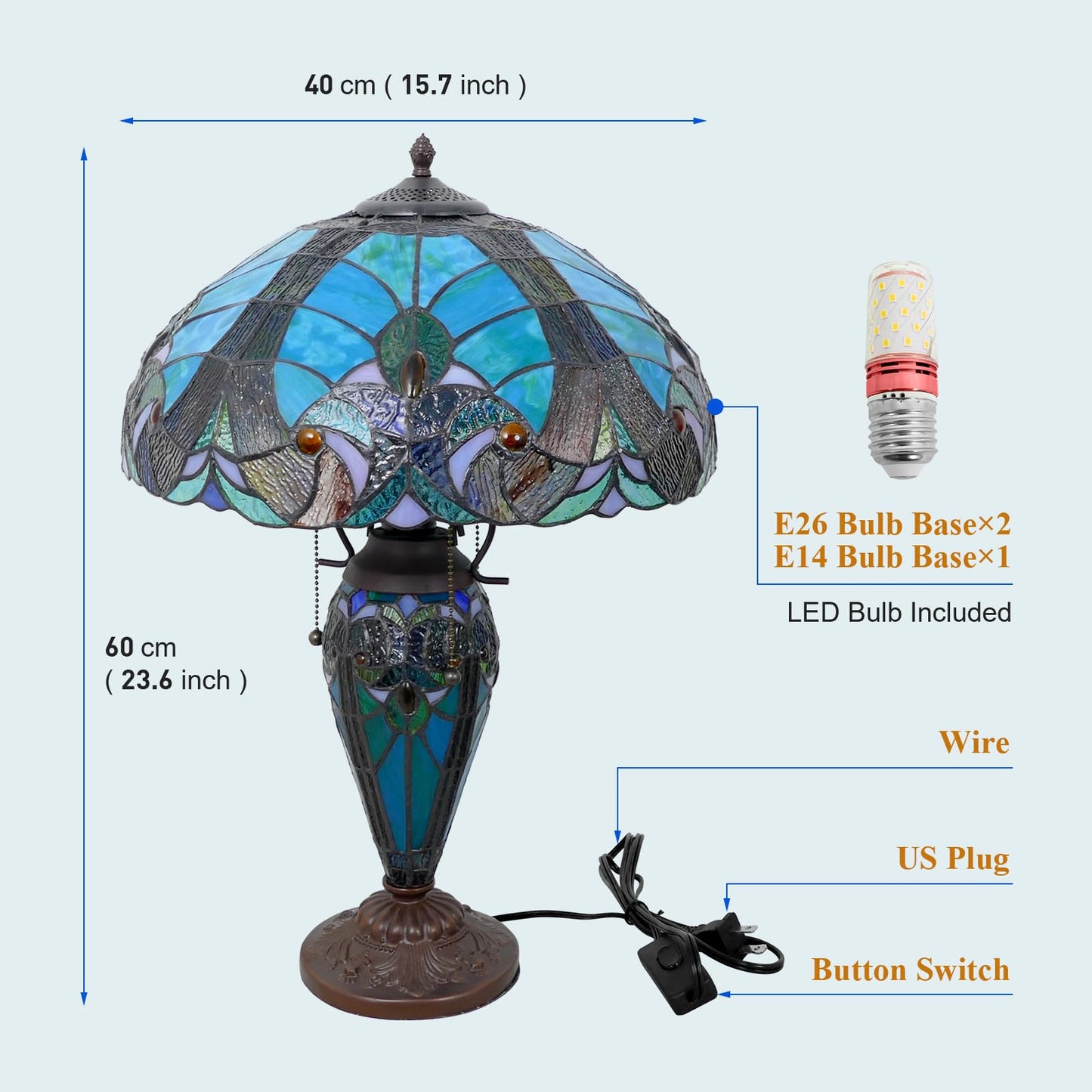 VirtueKing Tiffany Style Table Lamp 16 Inch Wide Green Tiffany Lamp Handmade Stained Glass Lamp 24" Tall Mother-Daughter Style Desk Reading Light Decor for Bedroom Living Room Home Office