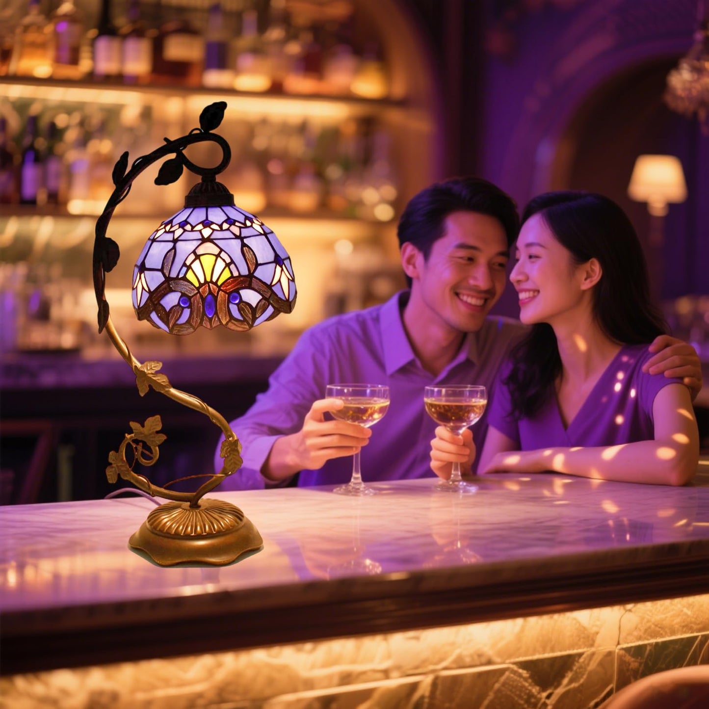 Tiffany-Style 8 Inch Table Lamp Stained Glass Baroque Lampshades Small Bedside Lamp Reading Antique Desk Light Livingroom Bedroom Office Vintage Art Deco Victorian