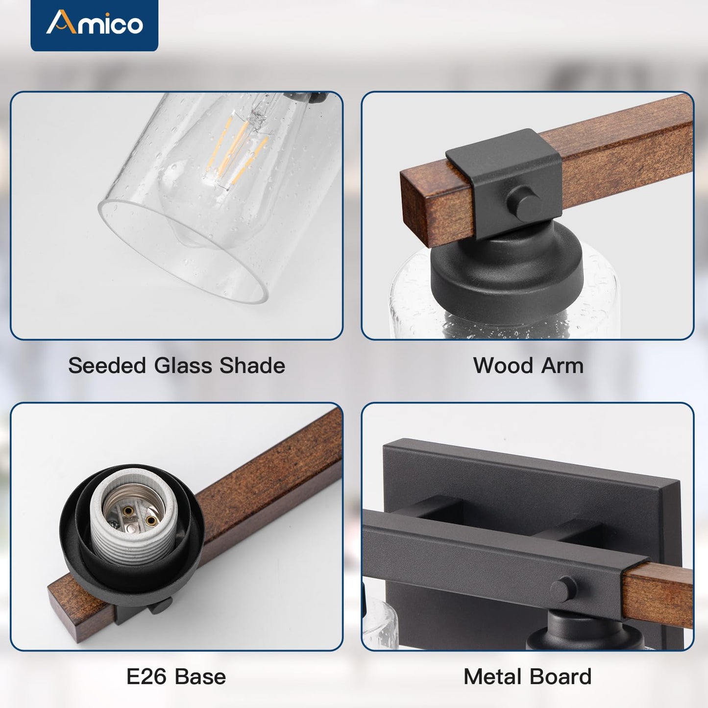 Amico Farmhouse Bathroom Vanity Light Fixtures,Rustic 4-Light Industrial Painted Wood Lights,Vintage Black Wall Sconces Bathroom Vanity Lighting with Bubble Glass Shade