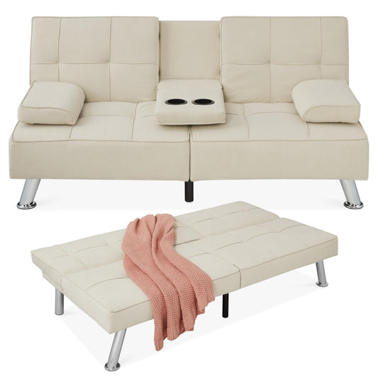 Best Choice Products Linen Modern Folding Futon, Reclining Sofa Bed for Apartment, Dorm w/Removable Armrests, 2 Cupholders - Ivory