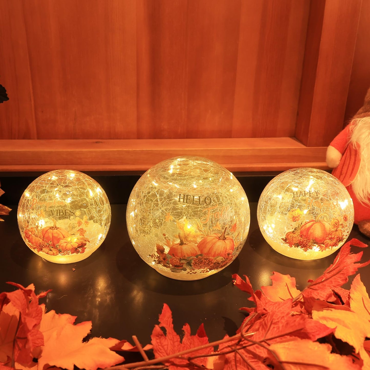 NEEDOMO Fall Table Decor, Set of 3 Sparkling Crackle Glass Ball with LED Lights Timer Pumpkin Gnomes for Thanksgiving Decor, Autumn Centerpieces Thanksgiving Decorations for HomeTabletop Mantel Indoor