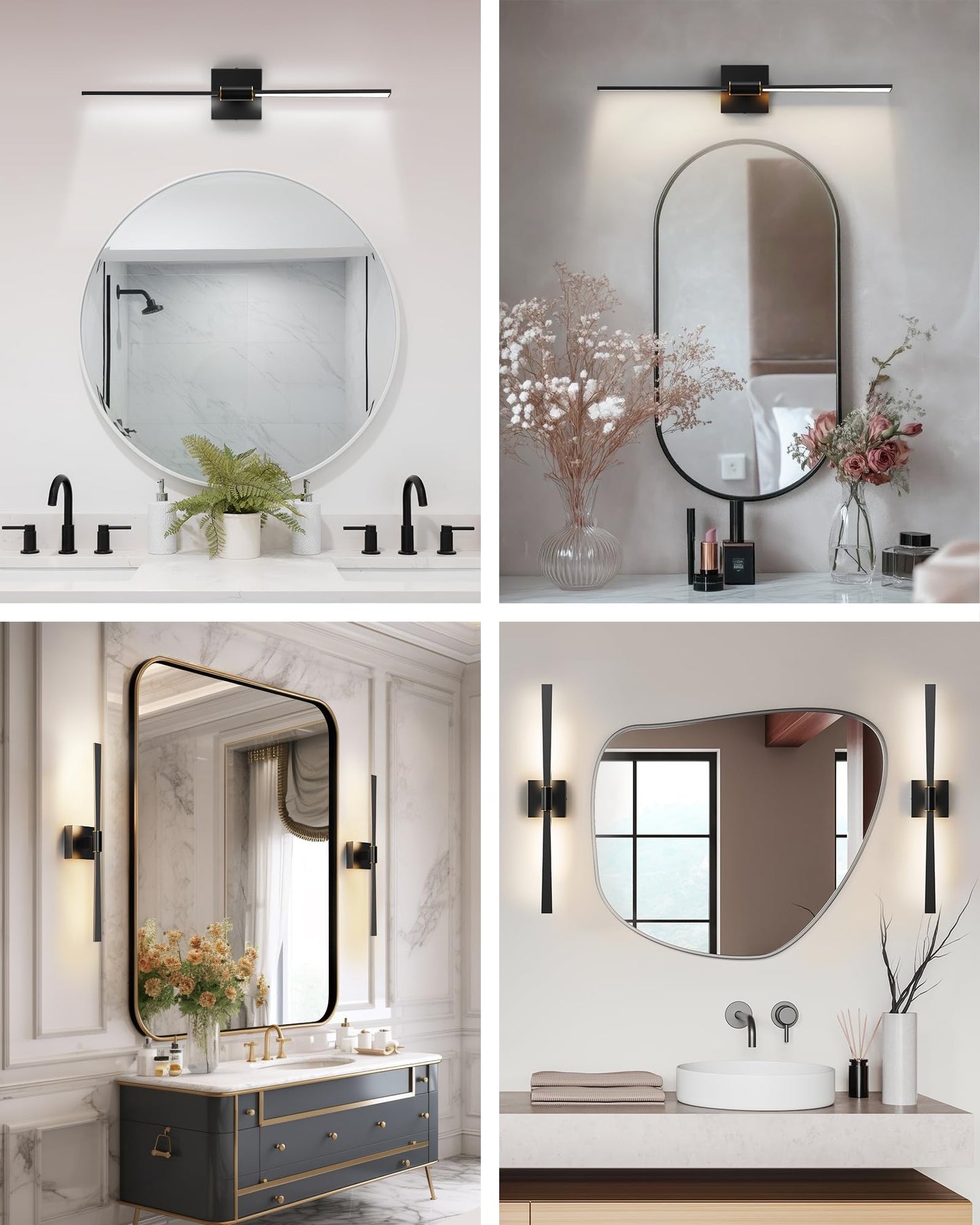 JACKYLED Modern Bathroom Light Fixtures Over Mirror IP44 Waterproof 2-Head Black and Gold Bathroom Vanity Light Bars 360° Swivel 24W LED 1200LM 24-Inch Vanity Lights for Mirror 2700K/4000K/6500K