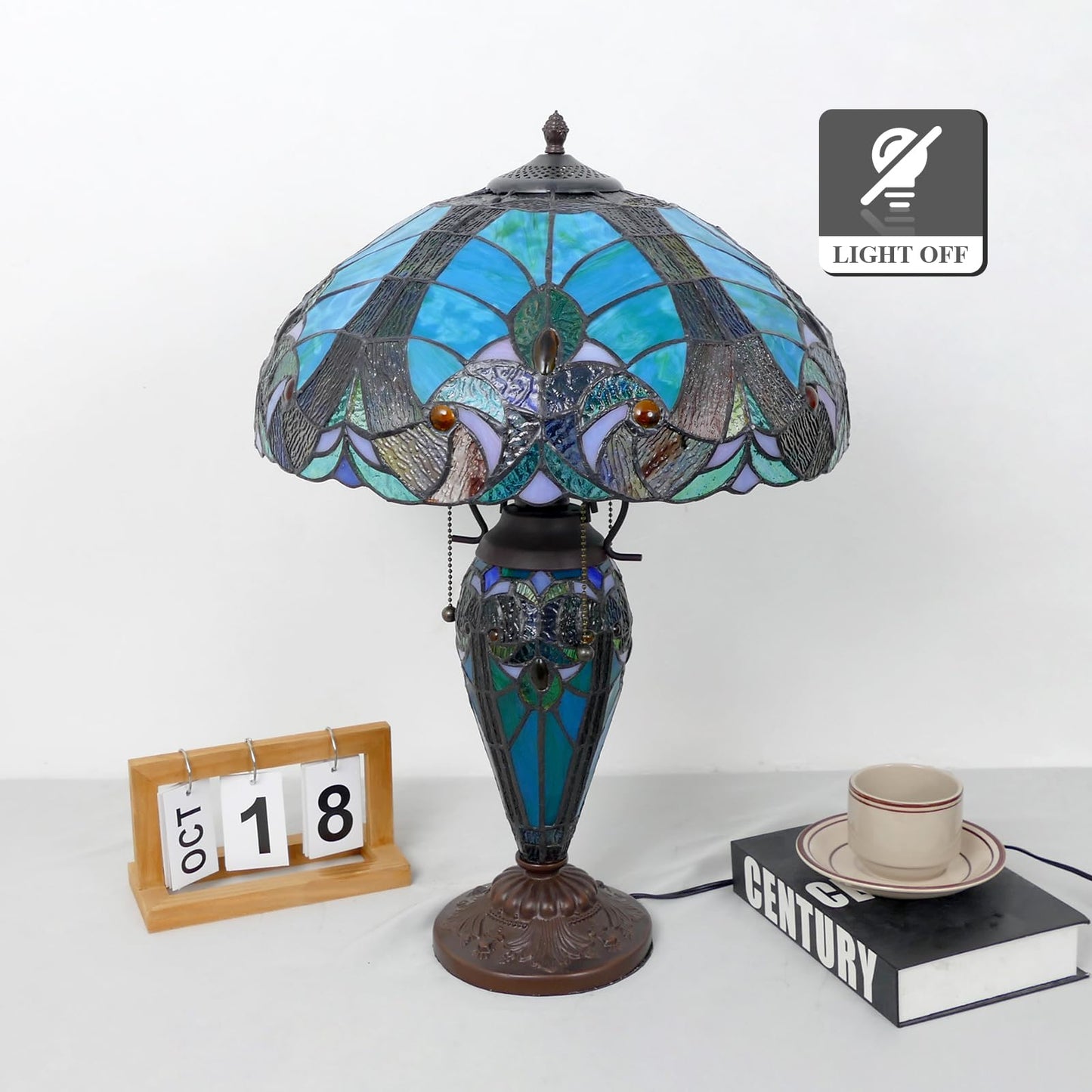 VirtueKing Tiffany Style Table Lamp 16 Inch Wide Green Tiffany Lamp Handmade Stained Glass Lamp 24" Tall Mother-Daughter Style Desk Reading Light Decor for Bedroom Living Room Home Office