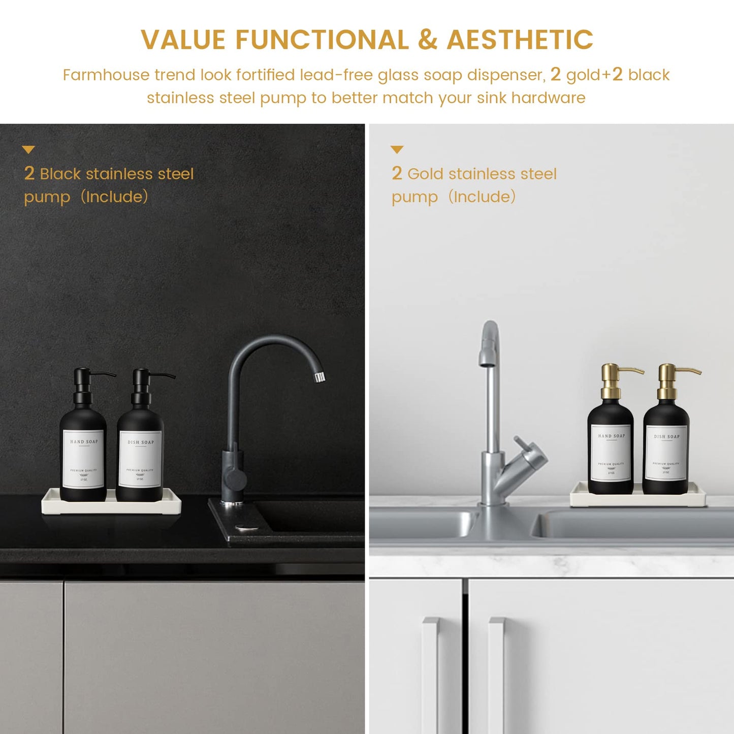 Glass Soap Dispenser for Kitchen Sink,Farmhouse Kitchen Dish Soap Dispenser&Hand Soap Dispenser Set,Rustproof Pump Soap Dispenser Bathroom with Tray,Waterproof Label for Kitchen Decor(Black