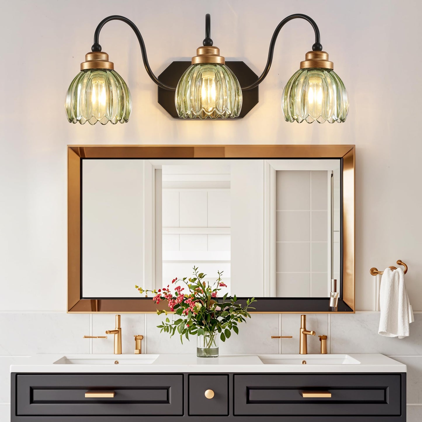 Vintage Bathroom Vanity Light, Bathroom Lighting Fixtures Over Mirror, Mid Century Style Farmhouse Light Fixtures with Green Glass Shades, Black Finish Wall Mount for Bedroom (Green, 3-Light)