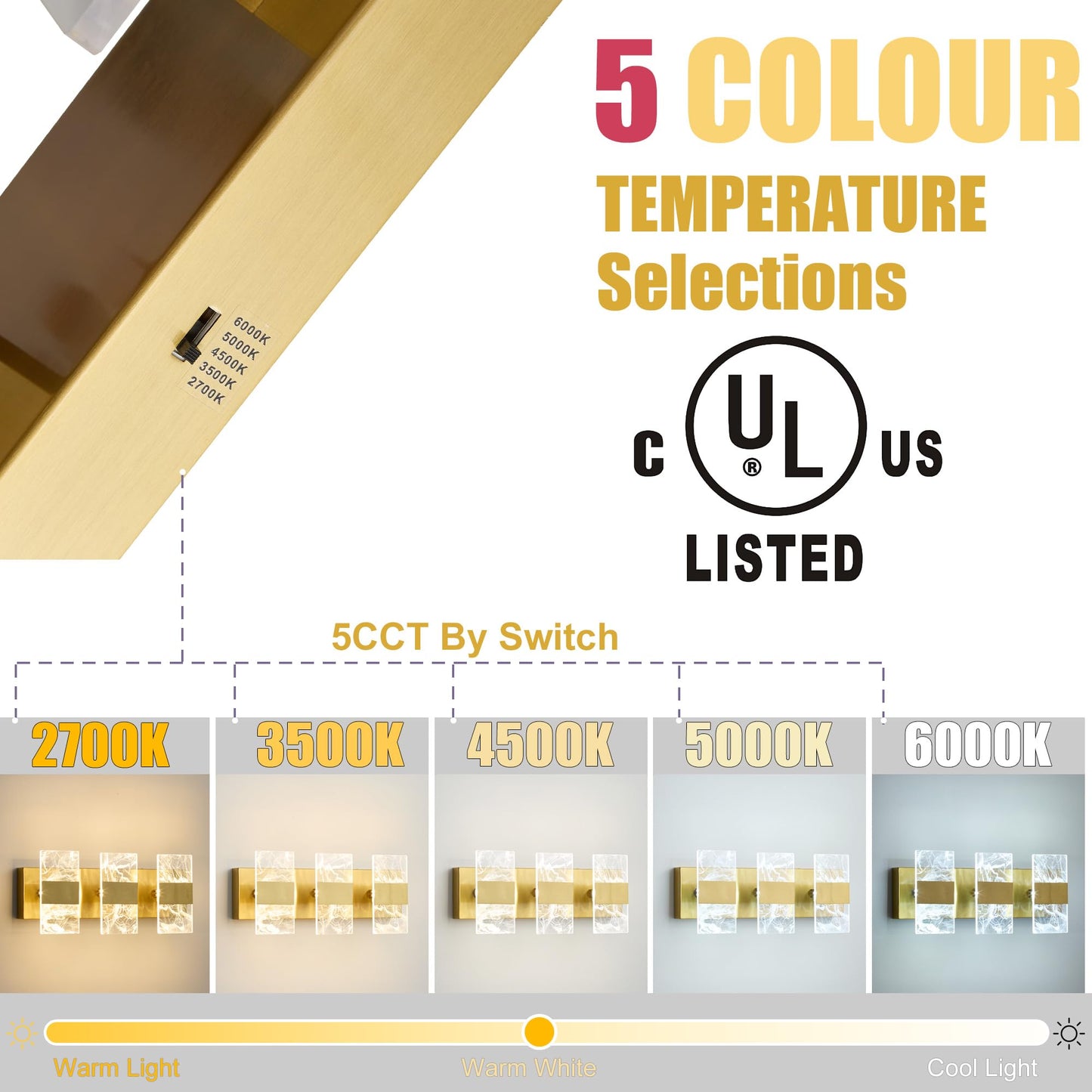 NADOSA Modern LED Bathroom Light Fixtures 3-Light Gold Vanitys Light, 5CCT Adjustable Lighting Fixture Vanity Lights Over Mirror, Smoked Acrylic LED Vanity Lights for Bathroom