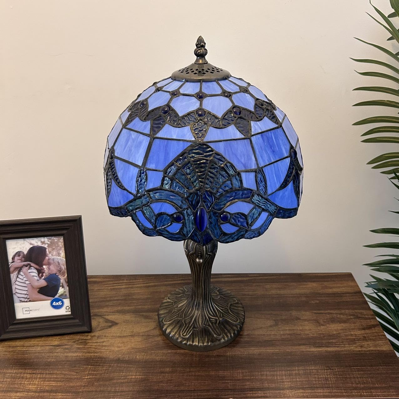 Tiffany Table Lamp Blue Stained Glass Baroque Style LED Bulb Included for Living Room Bedroom Bedside 12" W*12" D*19" H