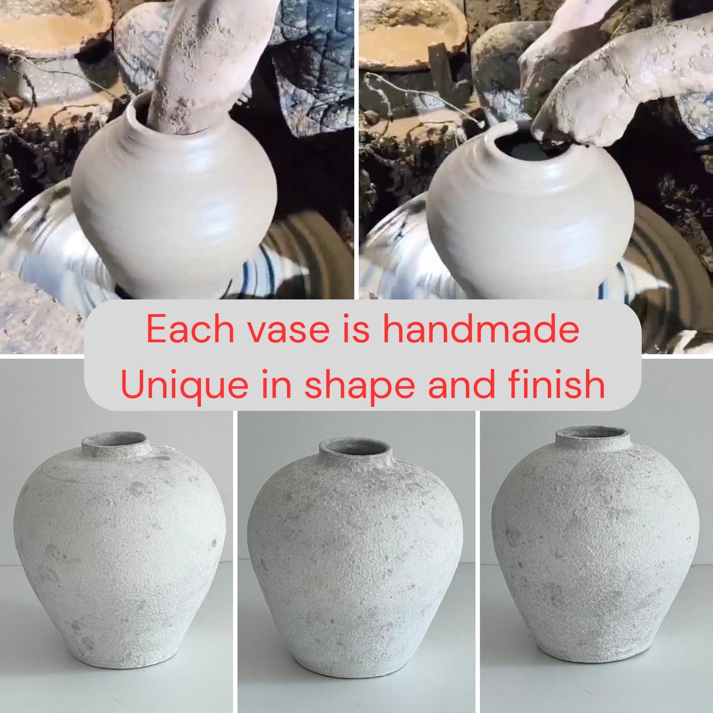 Handemade Large Round Vase for Centerpieces, White Rustic Vase Farmhouse Decor, Distressed Textured for Home Decorations, Earthy Room Decor Aesthetic, Stone Look Ceramic Clay Pottery, 10 inch