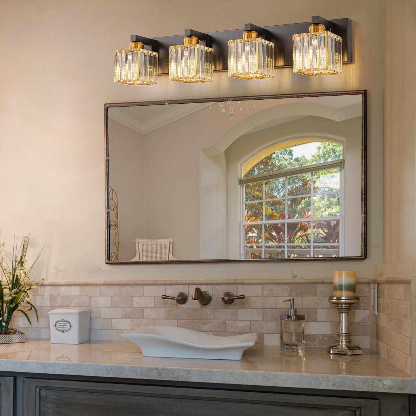 HUOKU Crystal Black Gold Bathroom Vanity Light, 4-Lights Bathroom Lighting Fixtures Over Mirror Modern Crystal Wall Lighting with Square Shade