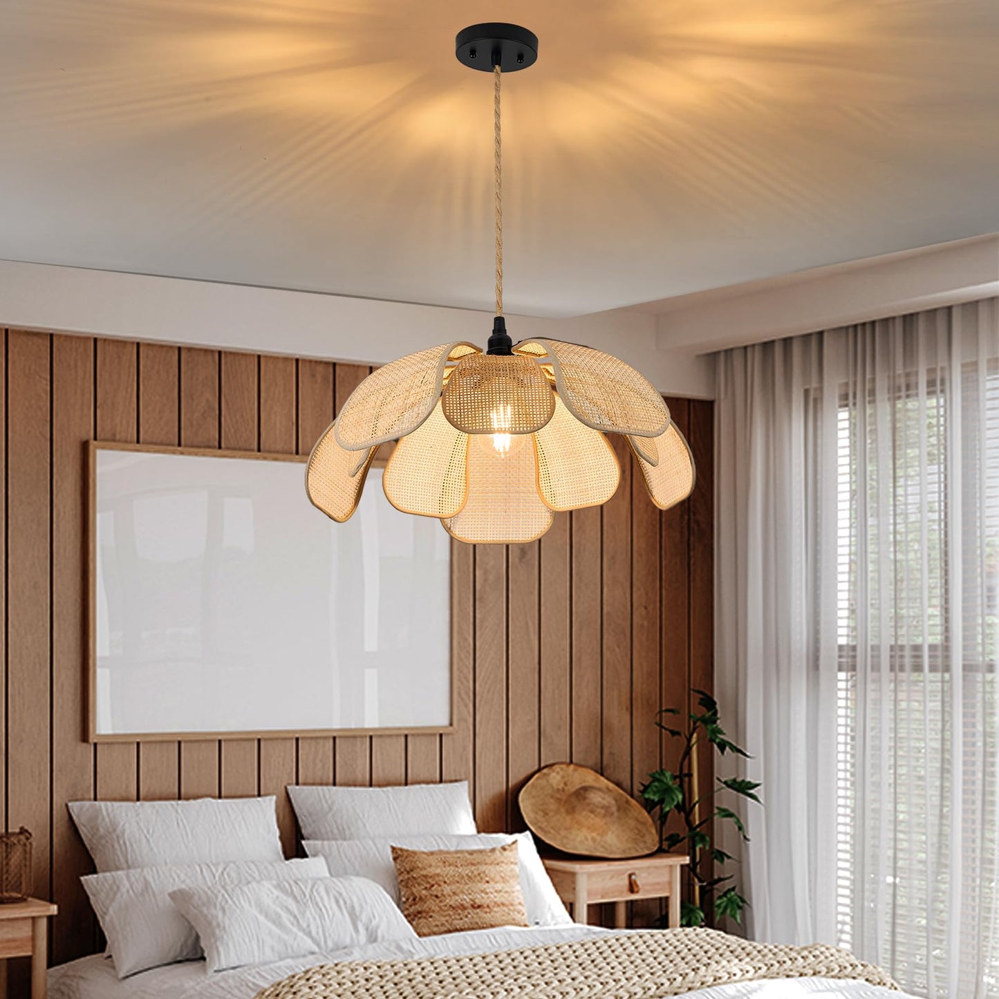 Boho 20 Inch Rattan Chandeliers Flower Hanging Lights Hemp Rope Flower Pendant Lights Handwoven Lampshade Ceiling Hanging Lamp Fixture for Bedroom Kitchen Island Dining Room Living Room