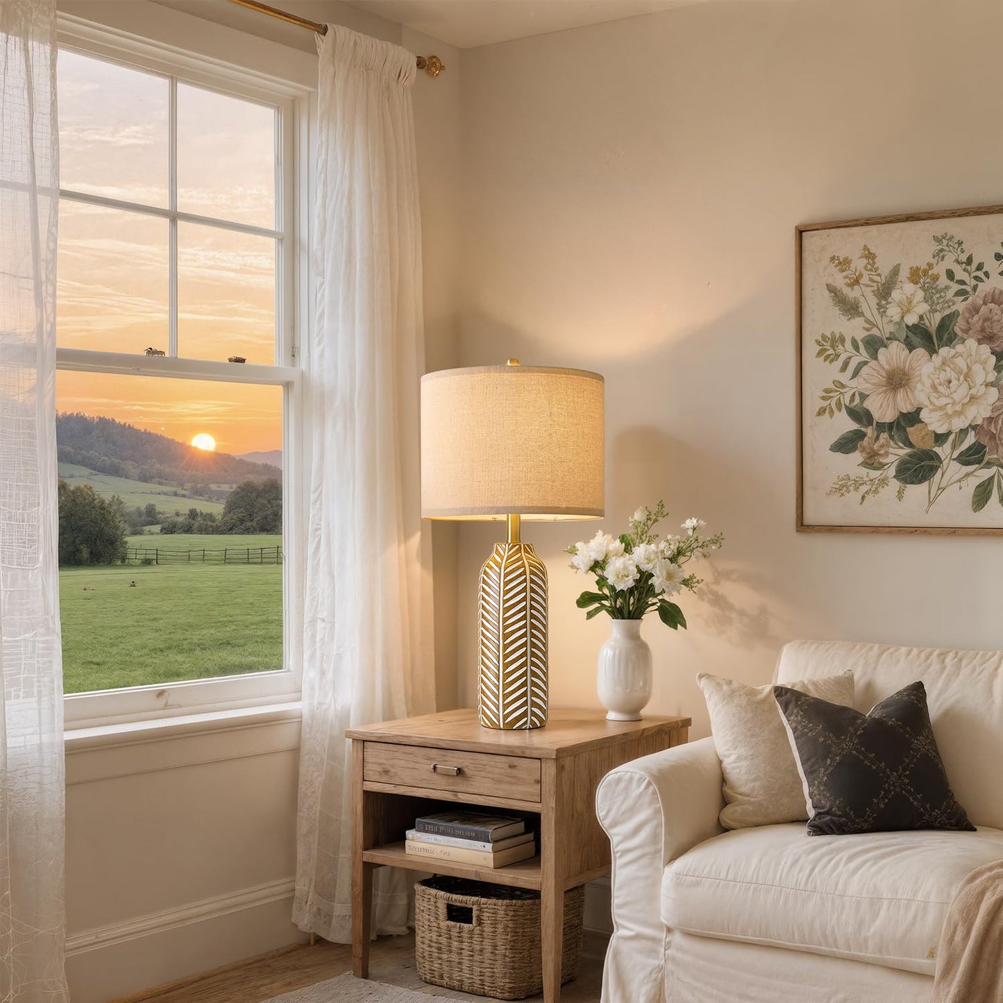 BOBOMOMO 26" Farmhouse Table Lamps Set of 2 - Vintage Leaf Design, Rustic Resin Nightstand Lamps for Bedroom, Living Room, Nursery, Hallway, Elegant Living Room Lamps with Linen Shades Antique Brown