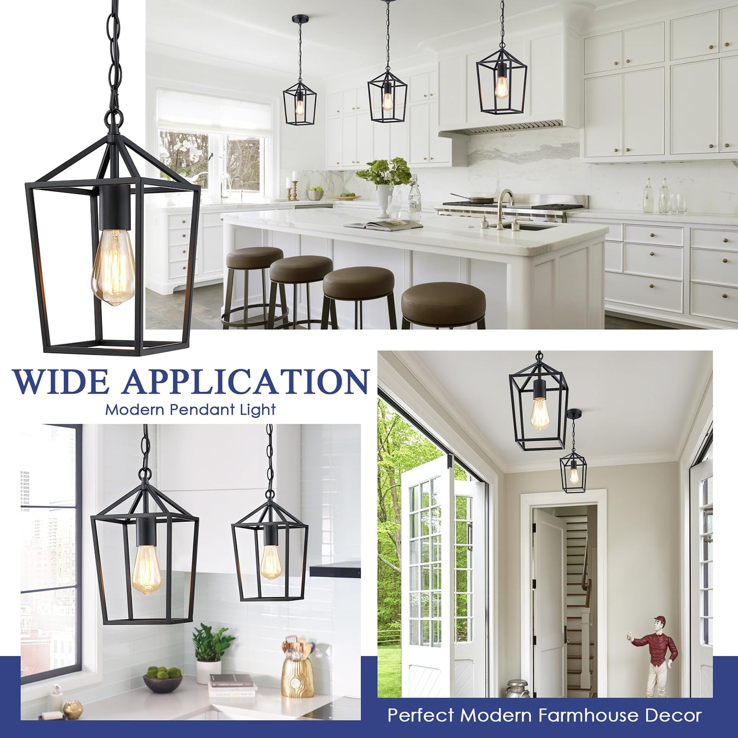 Sheetea 2-Pack Farmhouse Pendant Lights Kitchen Island, Black Pendant Light Fixtures Hanging Lamp for Dining Room, Modern Kitchen Pendant Lighting Over Island, Metal Cage Design