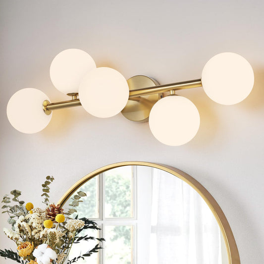 HONIEGG Bathroom Light Fixtures, Brushed Gold Bathroom Vanity Light Over Mirror with Milk White Glass Shades, Dimmable LED Wall Sconces for Hallway, Entryway, Living Room, Bedside, Staircase